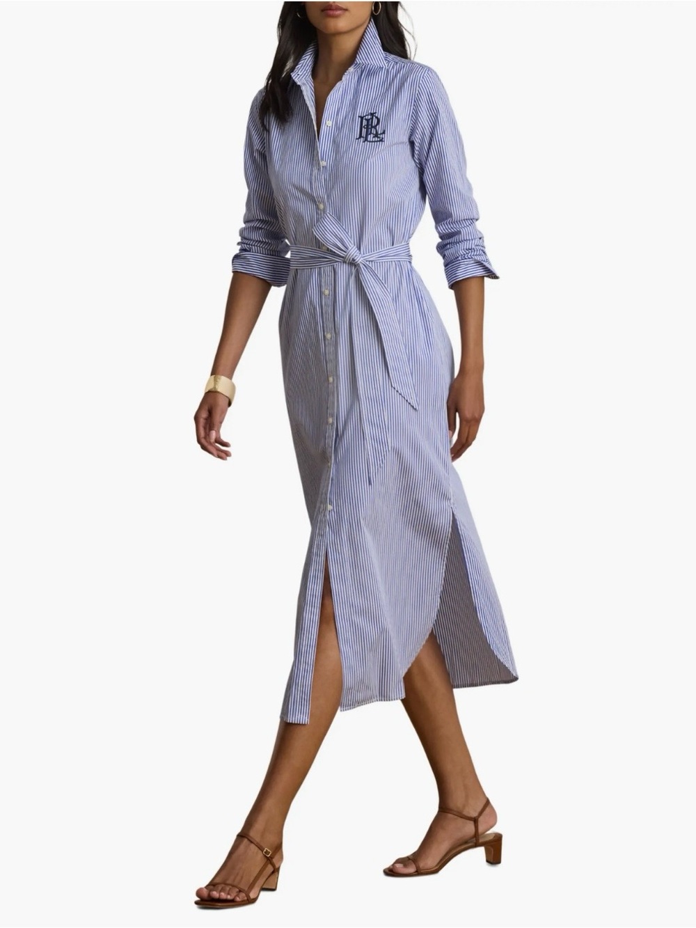 Lauren Ralph Lauren Blue & White Striped Button-Front Midi Shirt Dress - Picture 2 of 13